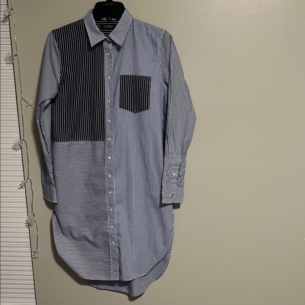 Lauren Ralph Lauren Blue and Black Striped Long Sleeve Dress
